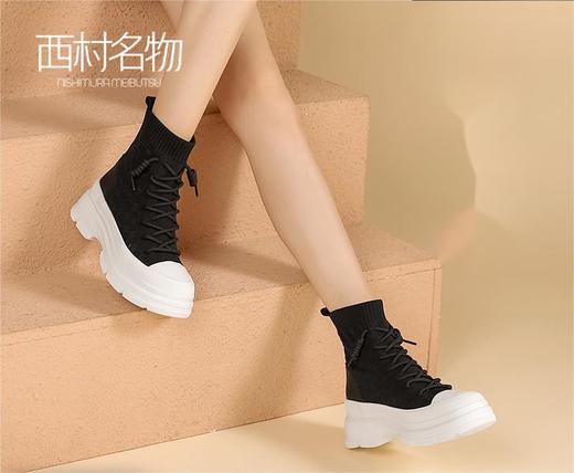 西村名物松糕鞋女厚底袜靴高帮鞋马丁靴春秋单靴瘦瘦弹力靴44231 商品图3