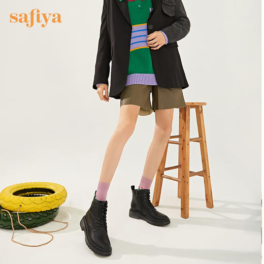 【春节不打烊】Safiya/索菲娅  马丁靴2022冬季新潮英伦风厚底增高侧拉链机车皮靴 SF24116023 商品图1
