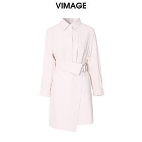 VIMAGE纬漫纪秋季新款纯色百搭收腰不规则裙摆连衣裙V1807443
