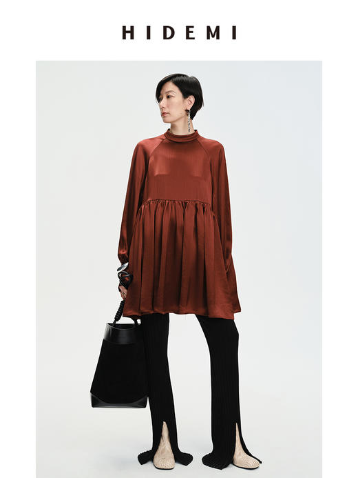 HIDEMI 温莎酒红醋酸两穿式褶皱下摆设计感连衣裙 商品图3