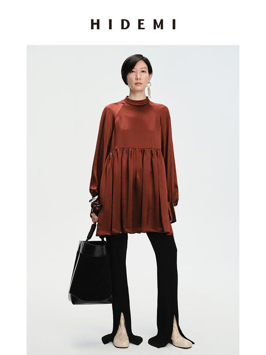 HIDEMI 温莎酒红醋酸两穿式褶皱下摆设计感连衣裙 商品图2