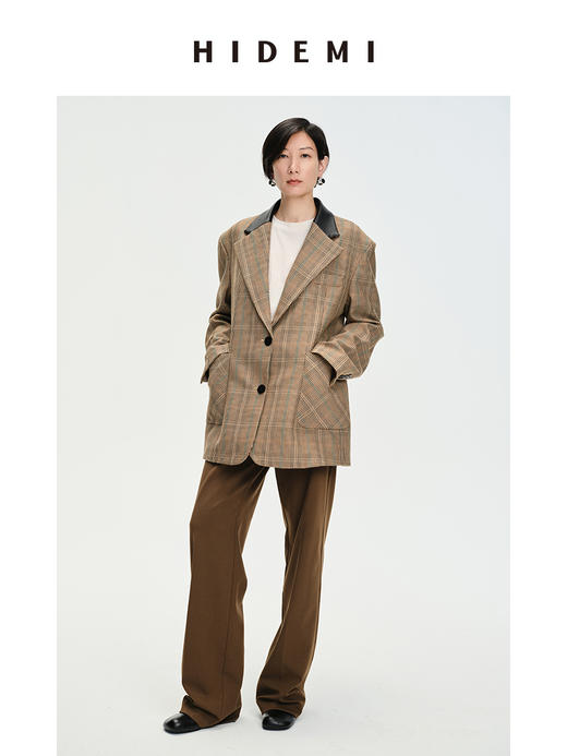 HIDEMI 格纹色织羊毛皮领拼接廓形极简西装 商品图1
