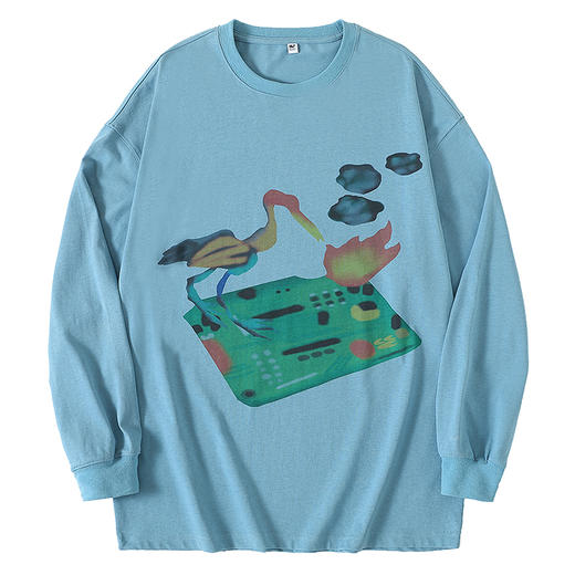 CryingCenter 鸟啄着火的电子板有趣插画灰蓝长袖tee 哭喊中心 商品图4