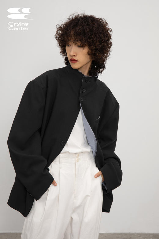 CryingCenter 日系热血毛边立领黑色宽松廓形西装外套 垫肩可拆卸 商品图5