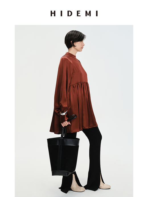 HIDEMI 温莎酒红醋酸两穿式褶皱下摆设计感连衣裙 商品图4