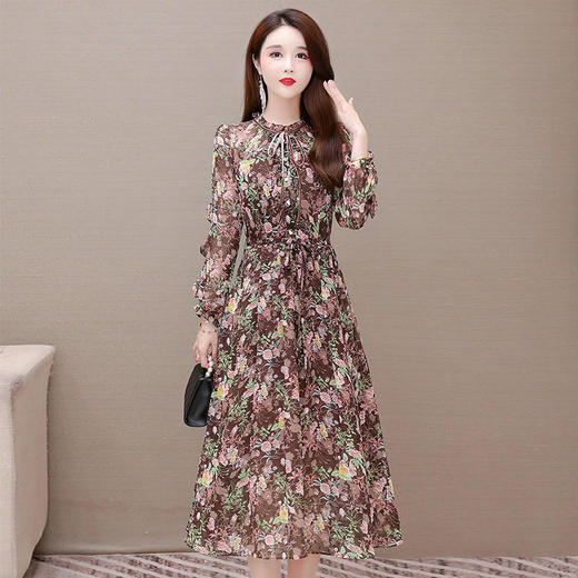 QYM-XQD-X9117-L新款时尚优雅气质修身圆领长袖中长款印花连衣裙 商品图1