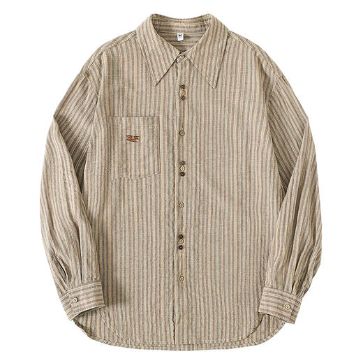 CryingCenter 椰咖灰条纹 洗水棉麻宽松长袖衬衫 哭喊中心 商品图4