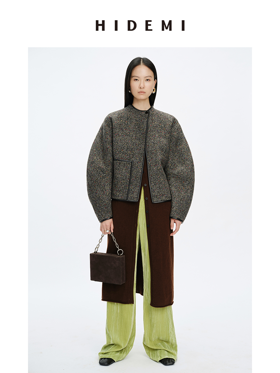 HIDEMI 人字提花双面双色羊毛皮边镶嵌一粒扣廓形短大衣外套