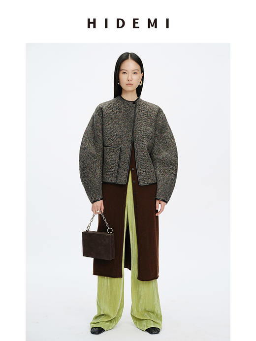 HIDEMI 人字提花双面双色羊毛皮边镶嵌一粒扣廓形短大衣外套 商品图0