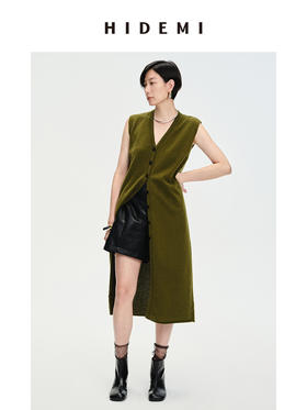 HIDEMI 美利奴羊毛V领长款马甲 深咖啡色/铜军绿
