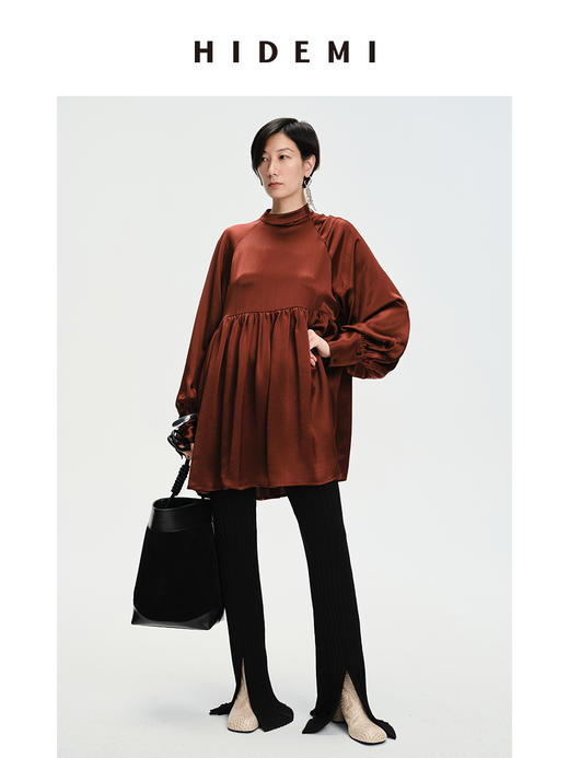 HIDEMI 温莎酒红醋酸两穿式褶皱下摆设计感连衣裙 商品图13