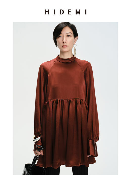 HIDEMI 温莎酒红醋酸两穿式褶皱下摆设计感连衣裙 商品图7