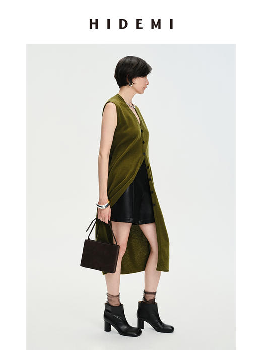 HIDEMI 美利奴羊毛V领长款马甲 深咖啡色/铜军绿 商品图5
