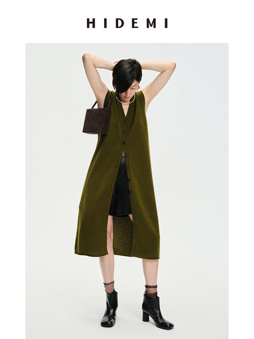 HIDEMI 美利奴羊毛V领长款马甲 深咖啡色/铜军绿 商品图3