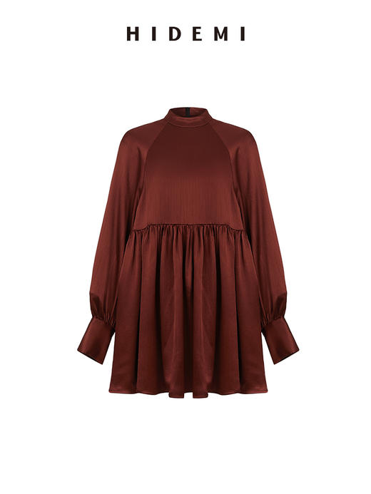 HIDEMI 温莎酒红醋酸两穿式褶皱下摆设计感连衣裙 商品图14