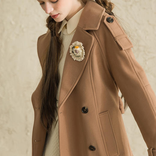Famecoco范可儿大衣中长款收腰双排扣毛呢外套D178AC300 商品图4
