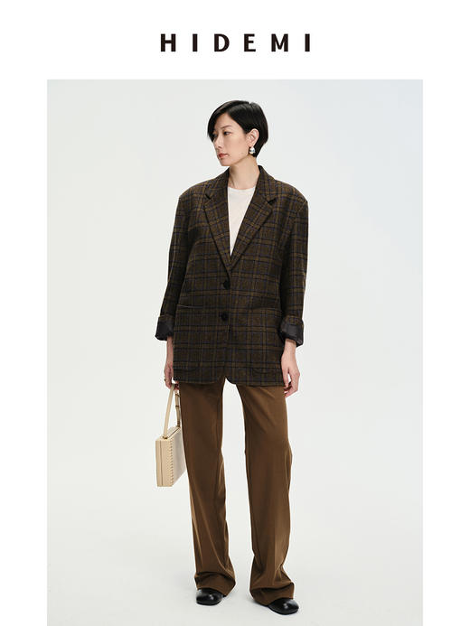 HIDEMI 格纹羊毛廓形极简口袋西装外套 商品图0