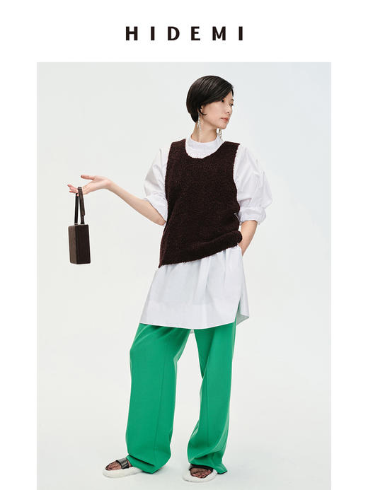 HIDEMI 褶皱花苞极简廓形两穿中长款衬衫 白色/巧克力色 商品图4