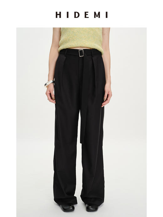 HIDEMI极简可拆卸腰带设计感阔腿裤 黑色/橘棕拿铁 商品图1