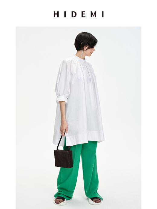 HIDEMI 褶皱花苞极简廓形两穿中长款衬衫 白色/巧克力色 商品图1