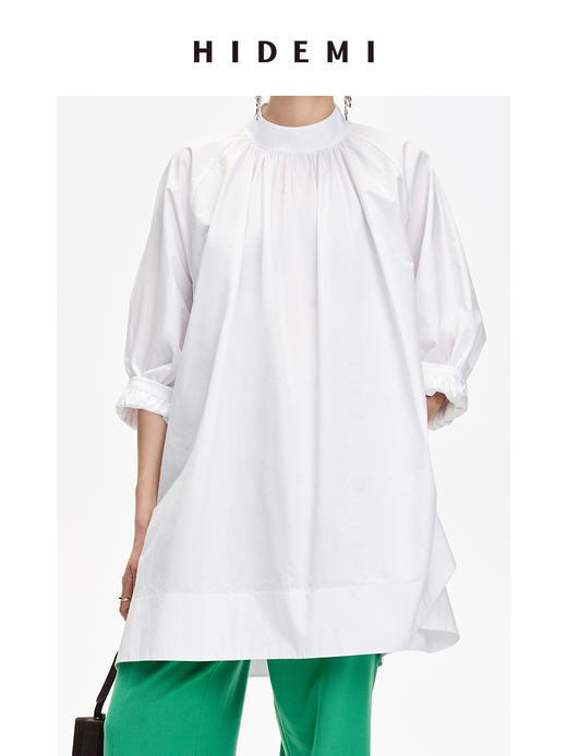 HIDEMI 褶皱花苞极简廓形两穿中长款衬衫 白色/巧克力色 商品图3