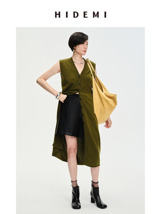 HIDEMI 美利奴羊毛V领长款马甲 深咖啡色/铜军绿 商品图2