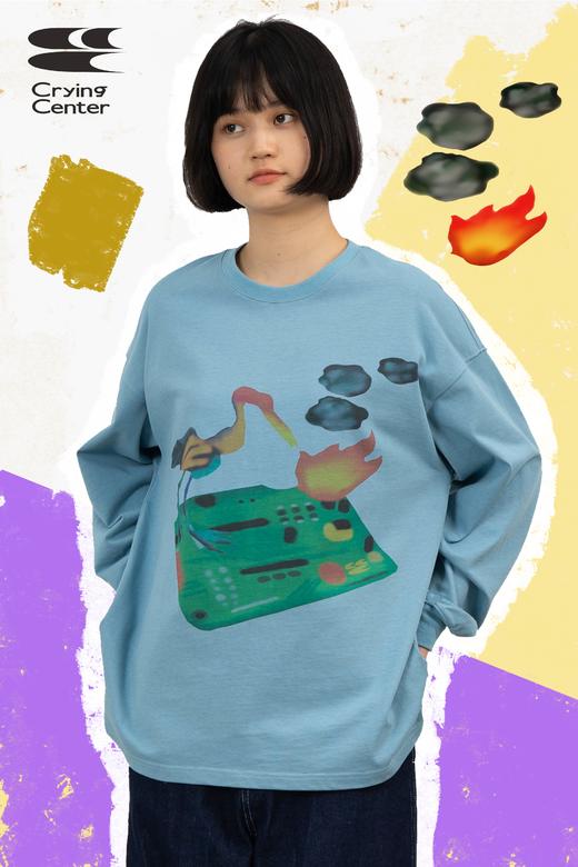 CryingCenter 鸟啄着火的电子板有趣插画灰蓝长袖tee 哭喊中心 商品图5