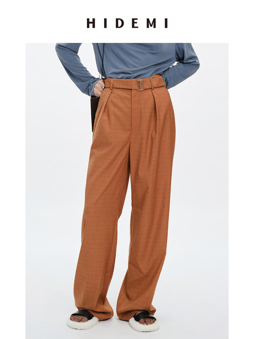 HIDEMI极简可拆卸腰带设计感阔腿裤 黑色/橘棕拿铁 商品图7