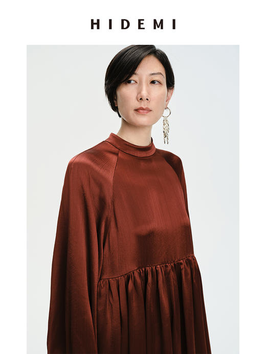 HIDEMI 温莎酒红醋酸两穿式褶皱下摆设计感连衣裙 商品图5