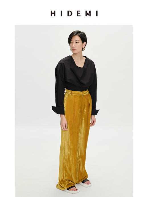 HIDEMI 流光丝绒中高腰显瘦阔腿裤 谧灰色/流芽绿/陶粉色/椰姜黄 商品图4