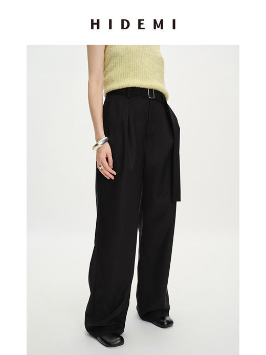HIDEMI极简可拆卸腰带设计感阔腿裤 黑色/橘棕拿铁 商品图4