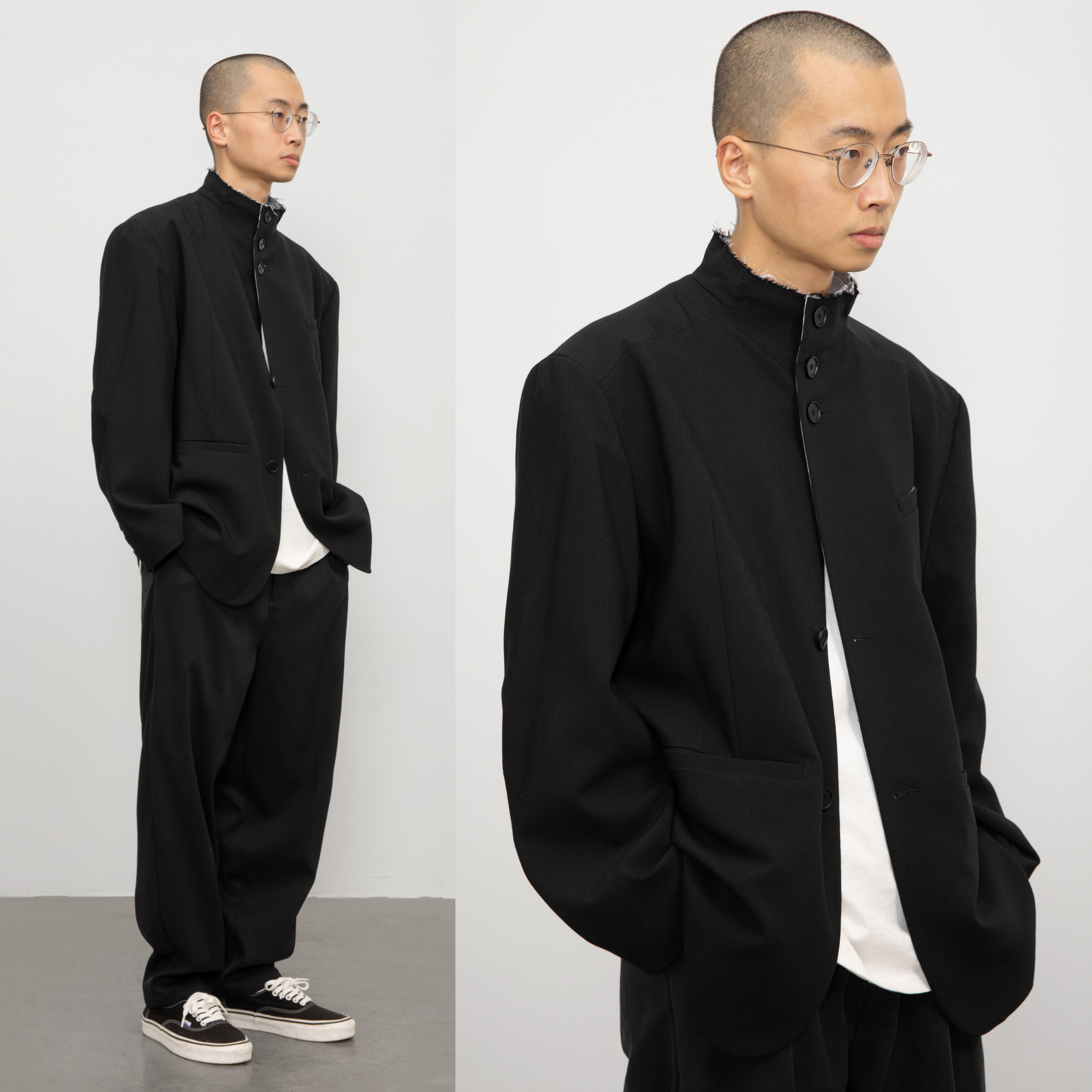 CryingCenter 日系热血毛边立领黑色宽松廓形西装外套 垫肩可拆卸