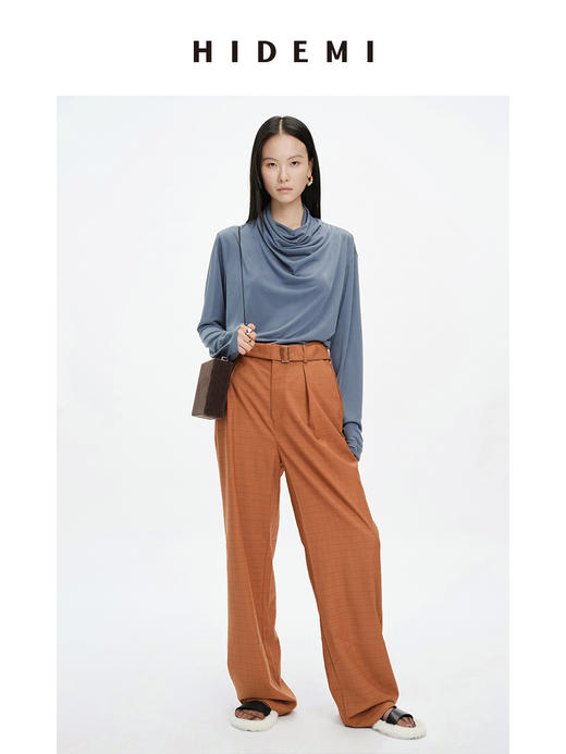 HIDEMI极简可拆卸腰带设计感阔腿裤 黑色/橘棕拿铁 商品图5