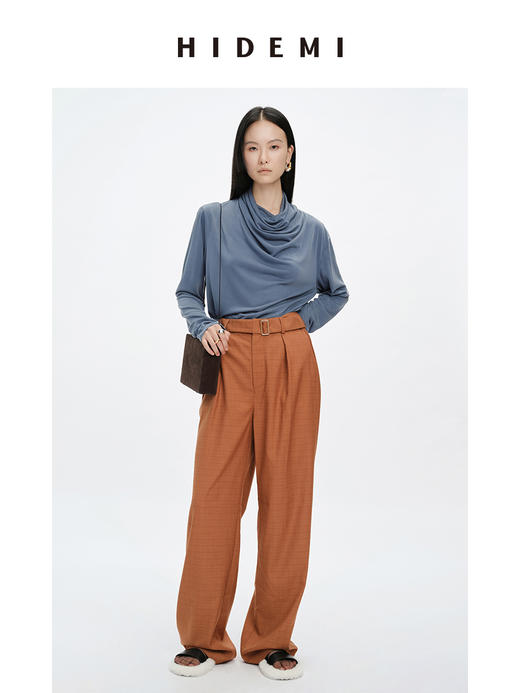 HIDEMI极简可拆卸腰带设计感阔腿裤 黑色/橘棕拿铁 商品图6