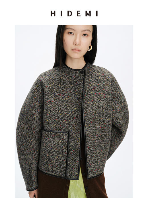 HIDEMI 人字提花双面双色羊毛皮边镶嵌一粒扣廓形短大衣外套 商品图4