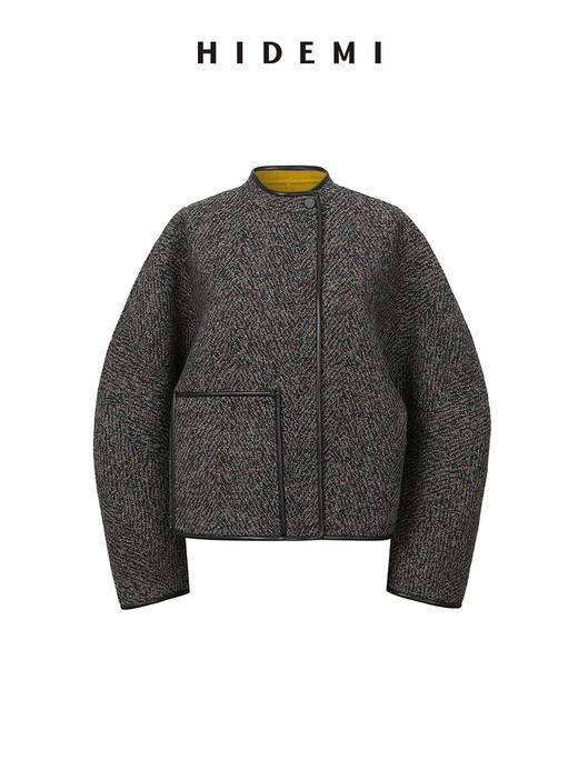HIDEMI 人字提花双面双色羊毛皮边镶嵌一粒扣廓形短大衣外套 商品图5