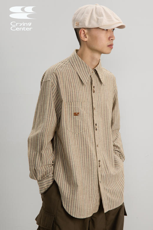 CryingCenter 椰咖灰条纹 洗水棉麻宽松长袖衬衫 哭喊中心 商品图5