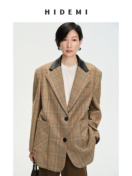 HIDEMI 格纹色织羊毛皮领拼接廓形极简西装 商品图4