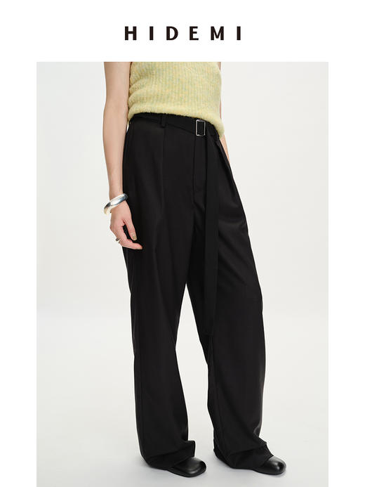 HIDEMI极简可拆卸腰带设计感阔腿裤 黑色/橘棕拿铁 商品图2
