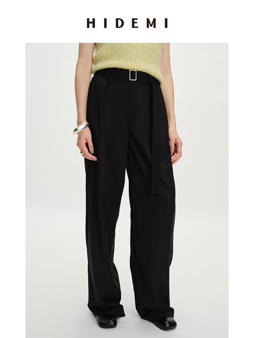 HIDEMI极简可拆卸腰带设计感阔腿裤 黑色/橘棕拿铁 商品图3