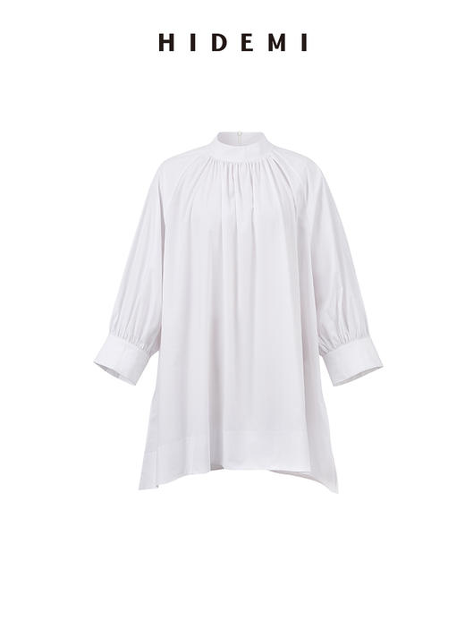 HIDEMI 褶皱花苞极简廓形两穿中长款衬衫 白色/巧克力色 商品图5