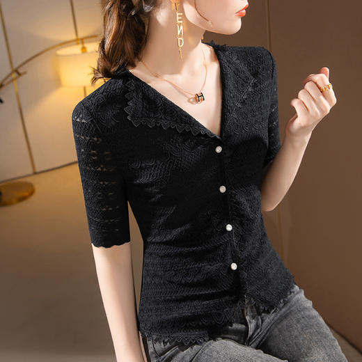 中袖蕾丝衫，气质v领单排扣欧货小衫法式温柔风上衣SG-L2X3155 商品图1