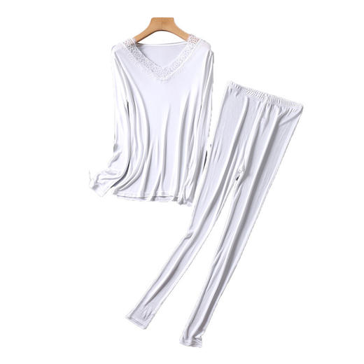 福利款 丁摩新款桑蚕丝V领蕾丝边长袖打底秋衣秋裤套装AL001 商品图3