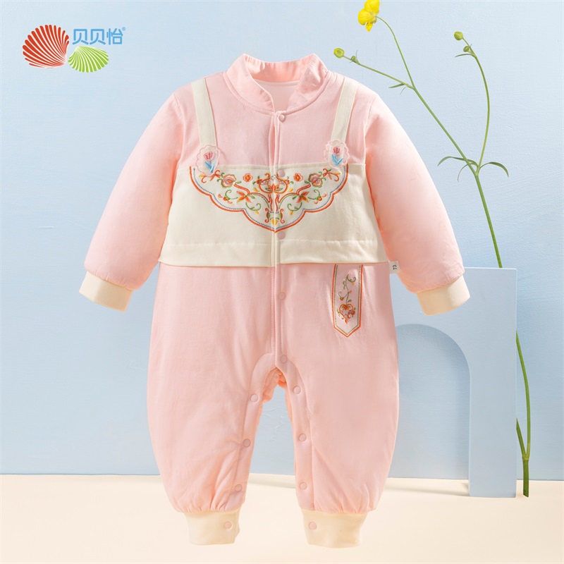 贝贝怡童装秋冬夹棉保暖女宝中国风连体衣新生儿外出服224L2016