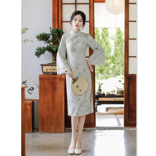 麂皮绒倒大袖中长款旗袍2022秋季新款时尚改良年轻少女长袖旗袍裙AQX-35 商品图1