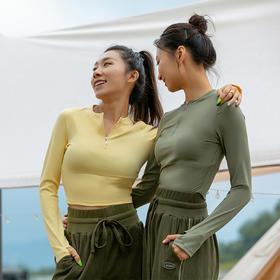 【裸感高弹】半拉链后镂空长袖上衣-不带胸垫