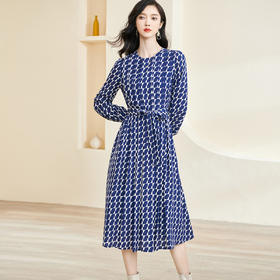 剩S 米思阳2024秋季新款时尚印花宽松长袖大摆裙系带中长款连衣裙2914