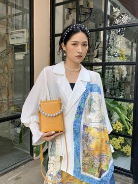 两三事梵高系列 麦穗季 夏季新款复古串珠手提单肩包可拆卸链子女款牛皮包