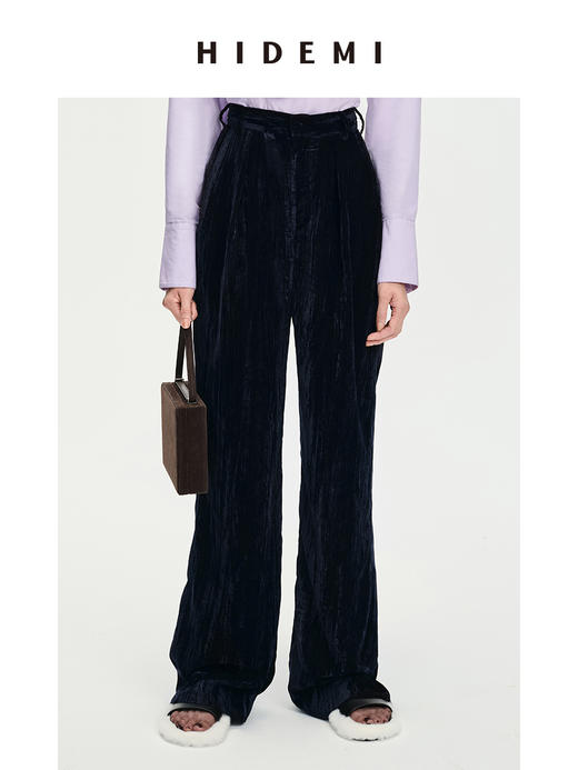 HIDEMI 流光丝绒中高腰显瘦阔腿裤 谧灰色/流芽绿/陶粉色/椰姜黄 商品图11