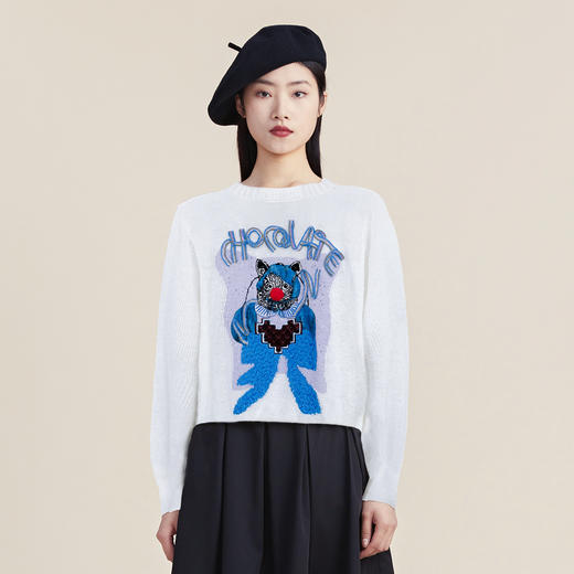 谜底套头针织衫女2022秋新款趣味图案绣花柔软圆领毛衣223MZ1385 商品图0